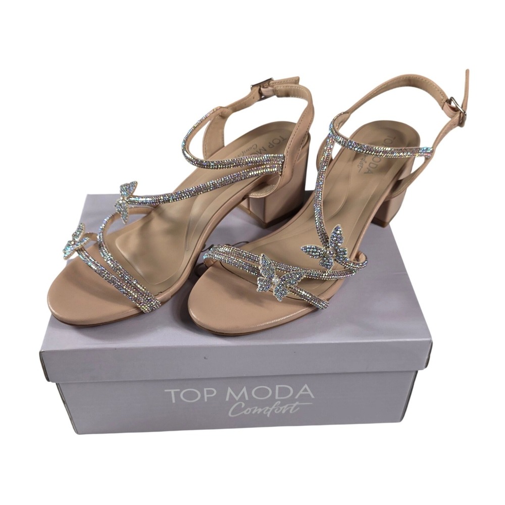 Top Moda Misha-6 Nude Rhinestone Butterfly Block Heel Sandals 6.5 Wedding, Prom